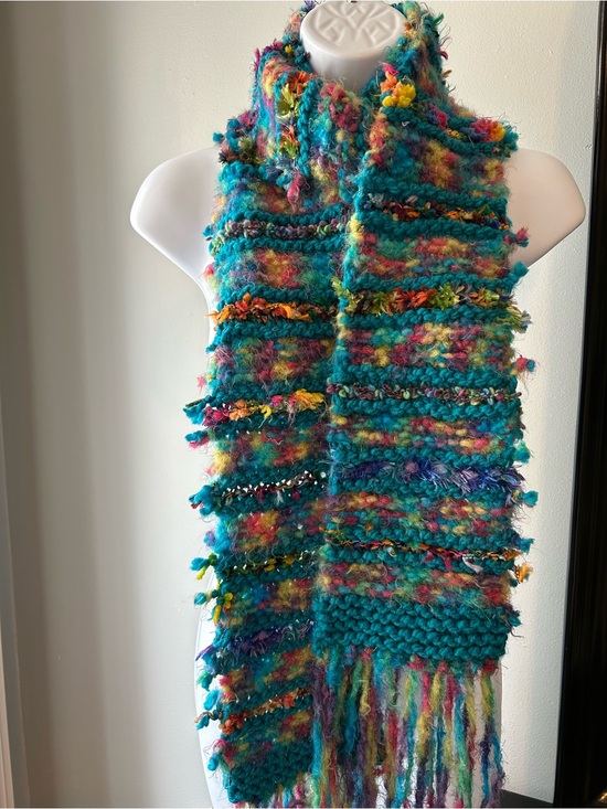 Handmade Accessories - Handcrafted Multicolor Textured Knit Scarf - Teal Multicolor